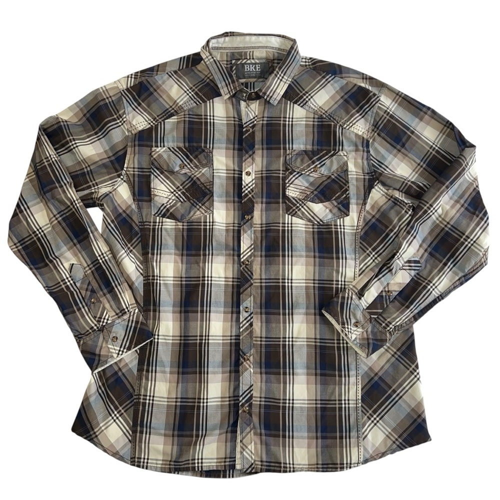 BKE Athletic Fit Plaid Button Up Shirt XXL Brown Black Snap Western Style
